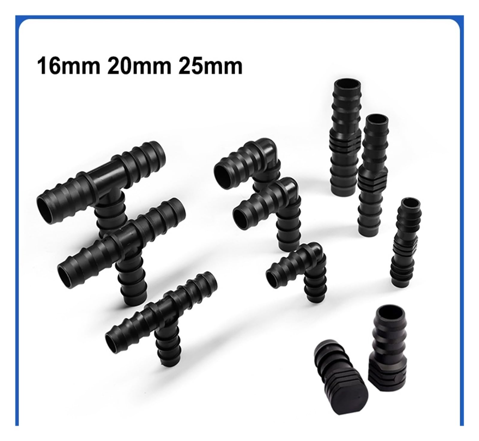 16mm 20mm 25mm PE-Rohr Barb Anschlüsse T-Stück Ellenbogen Gerade Endstopfen Garten Wasser Tropfbewässerung Schlauch Reduzierstück Splitter Fitting(Tee,25MM_50 PIECES)