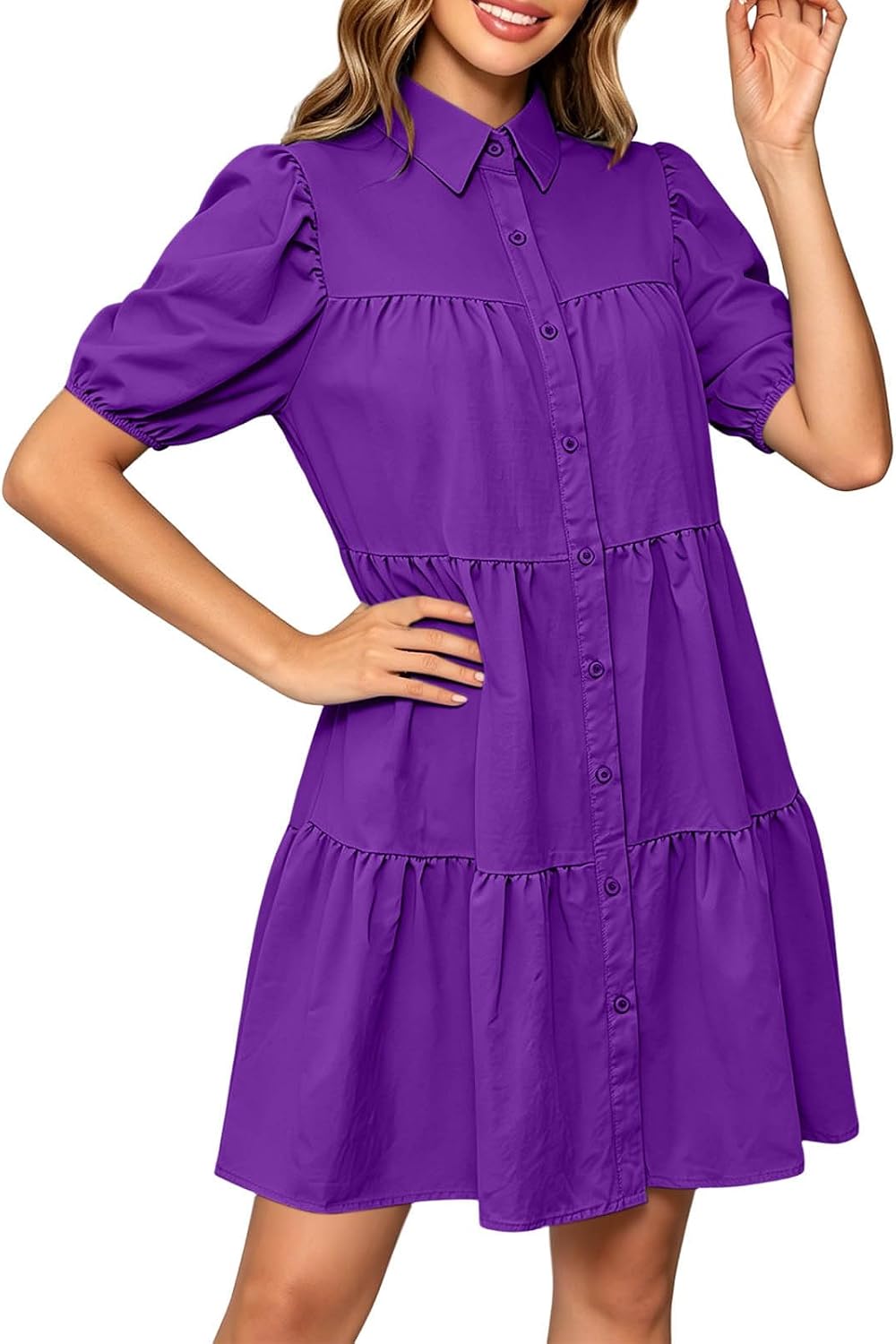 Women's Summer Button Down Shirt Dress Puff Short Loose | Women's Summer Button Down Shirt Dress Puff Short Sleeve Casual Loose Fit Flowy Beach Mini Dresses with Pockets