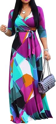 FANDEE Plus Size Maxi Dress for Women Casual Summer Sundress V-Neck 3/4 Sleeve | Print Fitted Wrap Dress with Pockets & Belt, Semi-Formal,3/4-Sleeve V-Neck