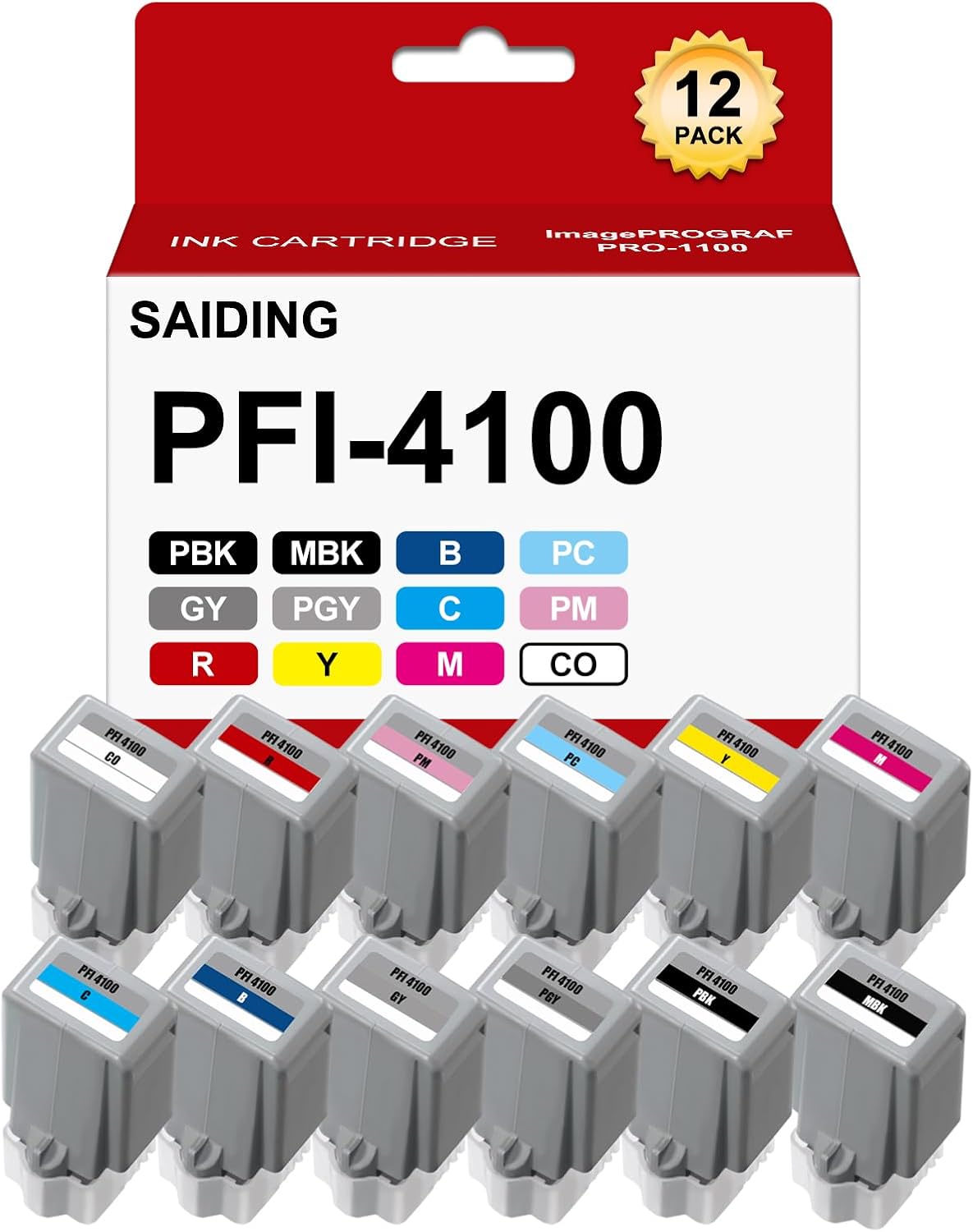 SAIDING PFI-4100 Ink Cartridges Compatible PFI 4100 Ink Cartridges Replacement Canon ImagePROGRAF Pro-1100 Printer.(12-Pack)