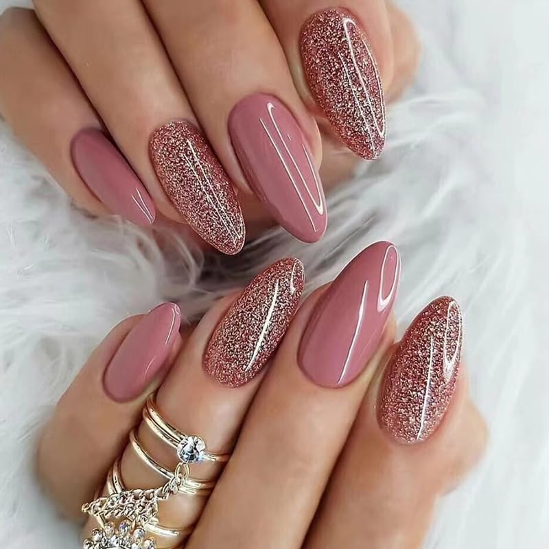 Vembley Set Of 24 pcs Resusable Artificial Glossy Pink Silver Glitter Almond Shape Press On Fake Nails With Glue Stickers-image-32