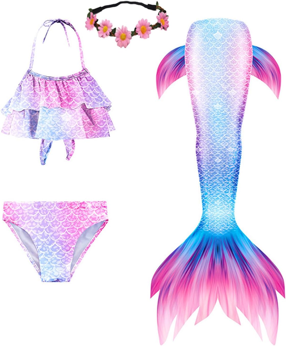 Kokowaii Fancy Girls' 2023 Swimming Mermaid Tail 3-4Years, 3 Sets/Top+Underwear+Dress