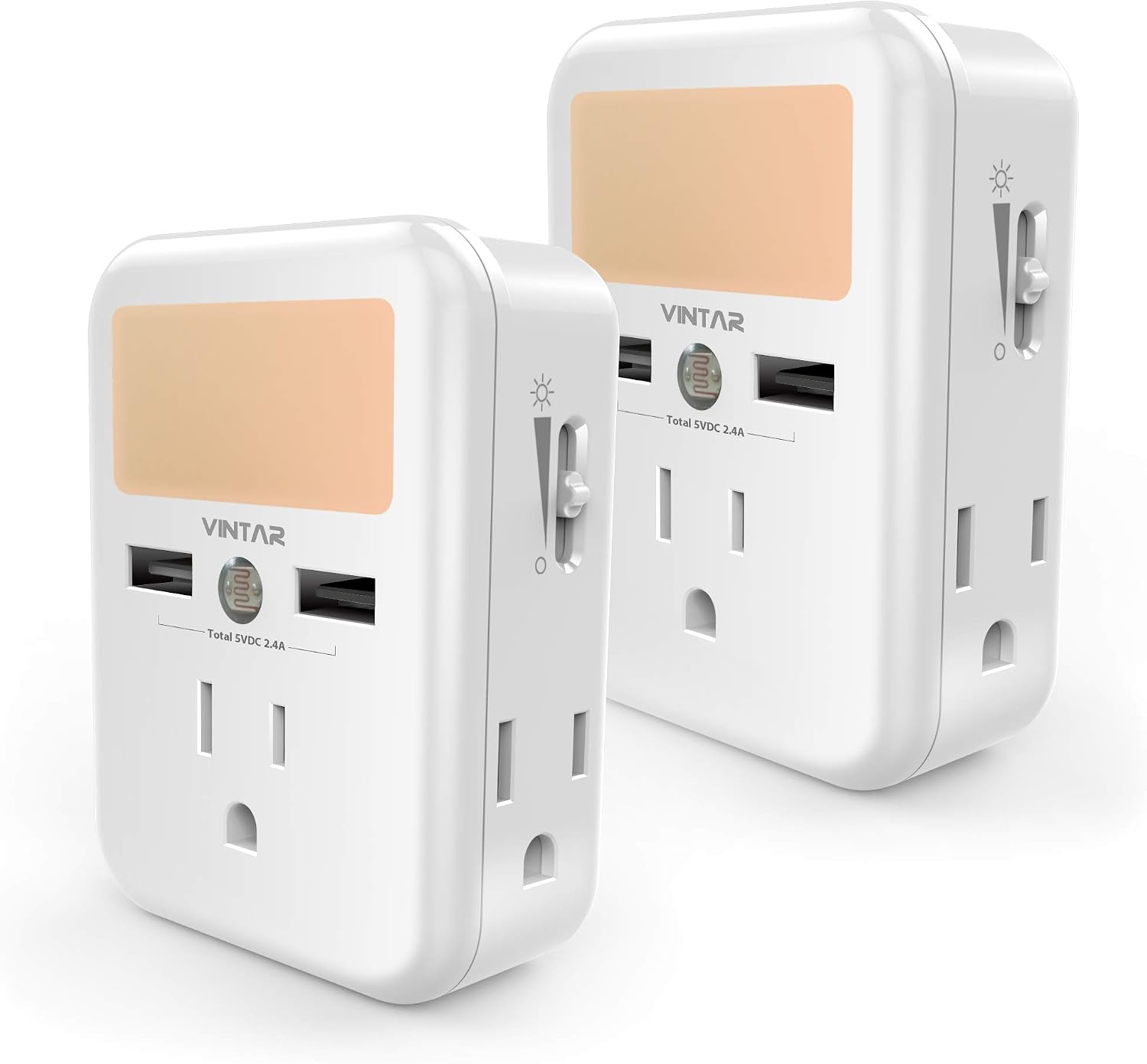[2-Pack] Vintar USB Wall Charger, 3-Multi Plug Outlet Extender with 2 USB Charging Ports (2.4A Total) and Night Light, 3-Sided Power Strip with Adapter Spaced Outlets, White,ETL Listed.