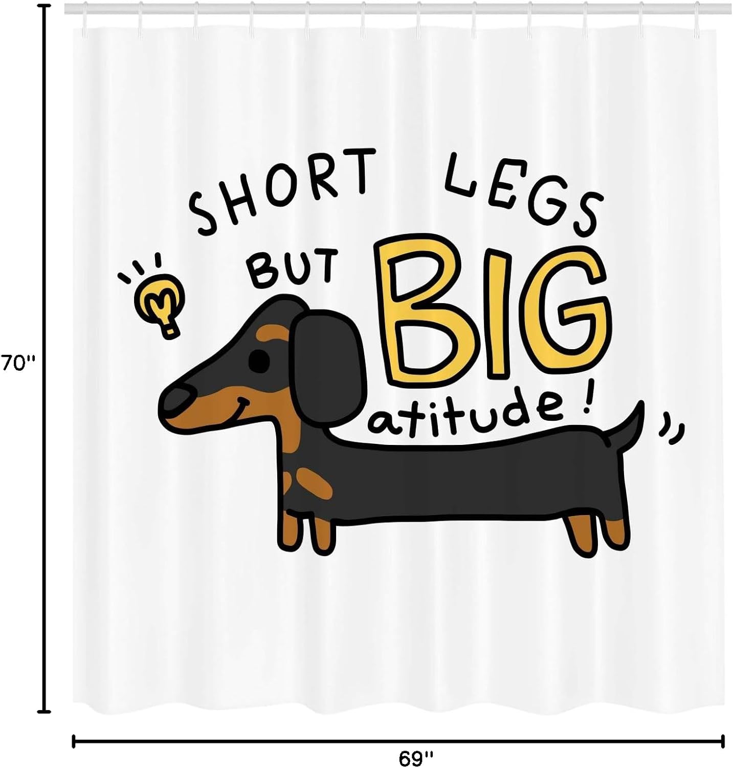 Ambesonne Dachshund Shower Curtain, Short Legs but Big Attitude Text Dachshund Puppy, Cloth Fabric Bathroom Decor Set with Hooks, 69" W x 70" L, Grey Mustard