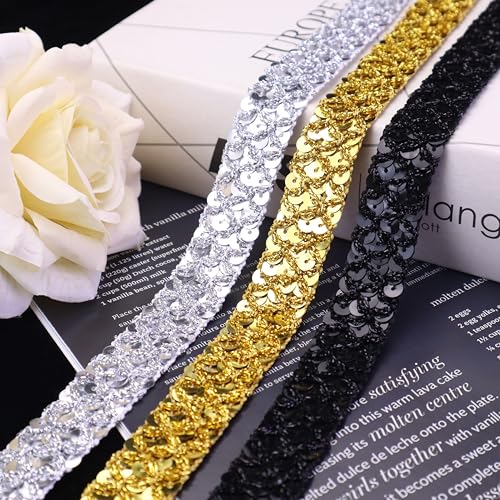 ZNZAKKA Black Sequin Ribbon Trim Braid Trim Inelastic Glitter Ribbon for Crafts Sewing, Embellishments (5.5 Yards, 0.9 Inch)