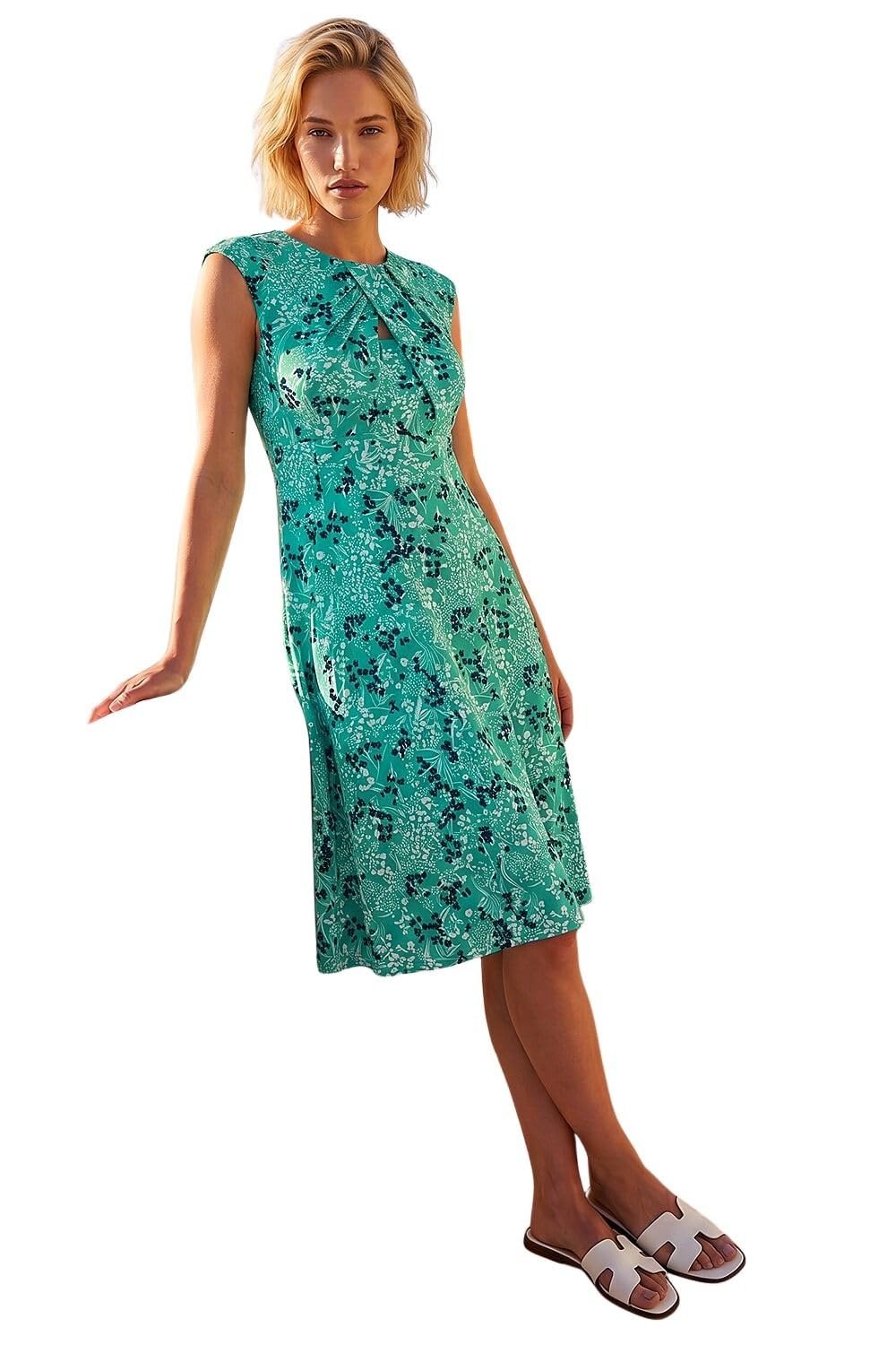 Roman Women's Ditsy Floral Keyhole Twist Dress in Aqua | Size: 20
