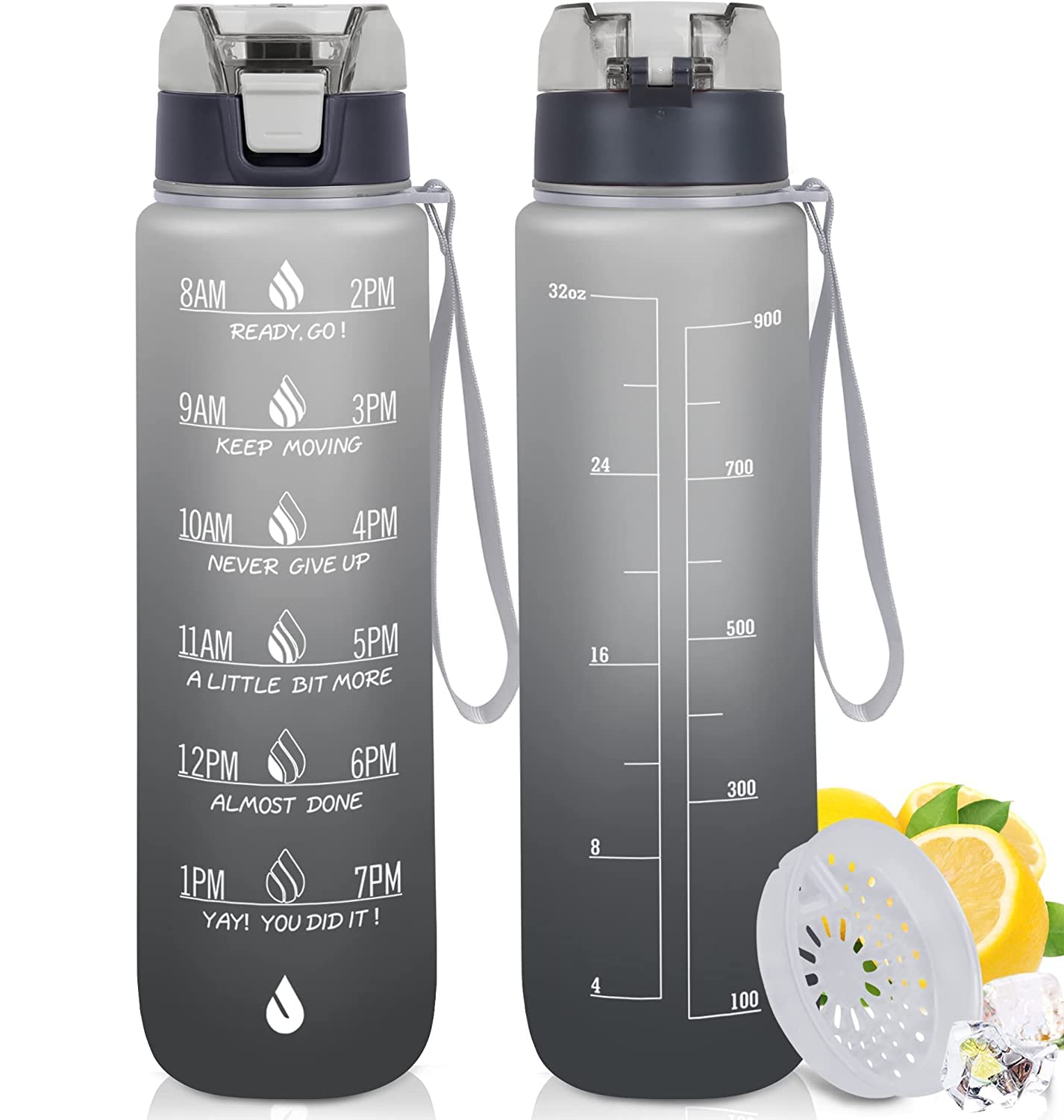 Cross Effect Motivational Water bottles 1 litre with Time Marker & Sipper, Leak-proof BPA Free Non-Toxic water bottle 1 litre with Carrying Strap, Perfect for Fitness, Gym bottle and Outdoor Sports (Black)