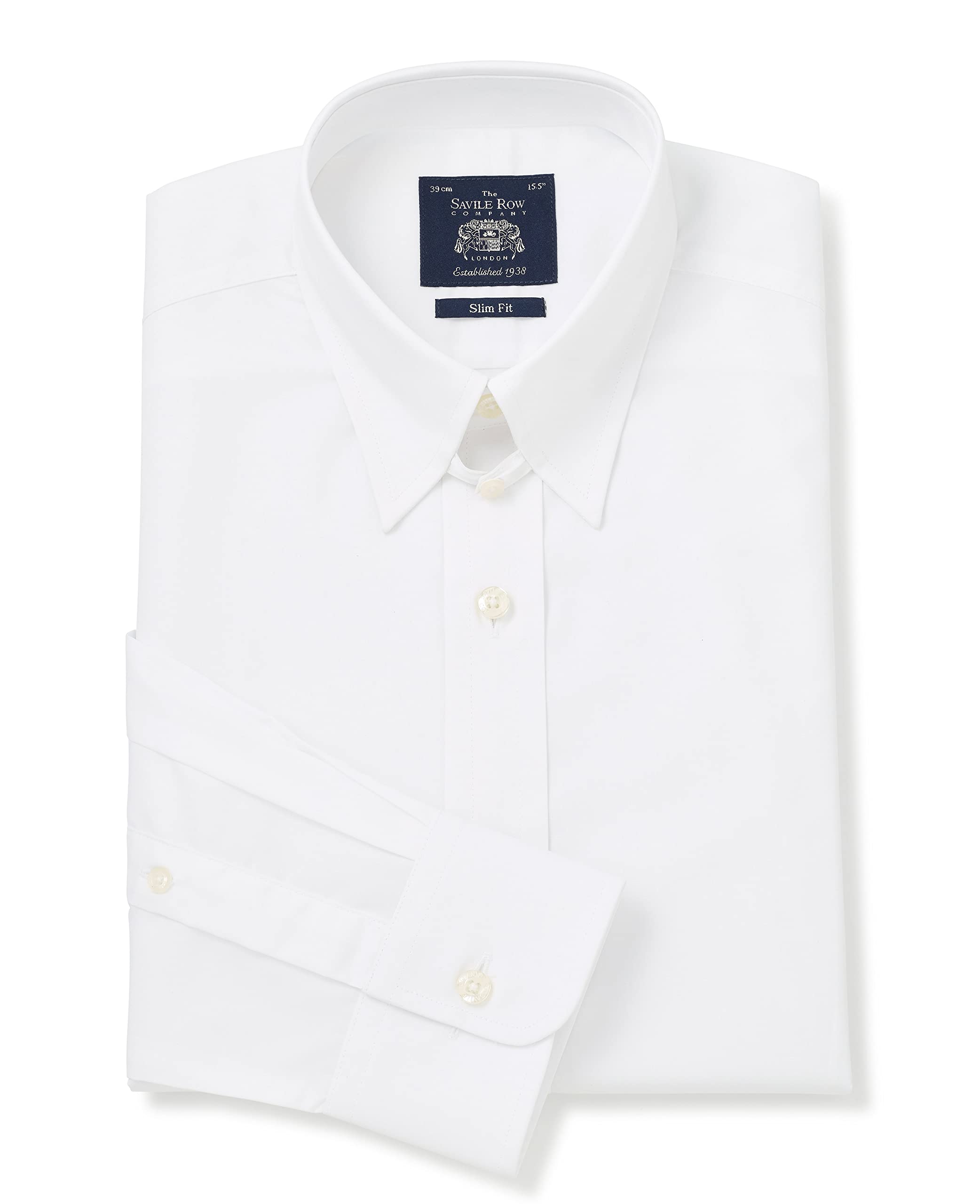 The Savile Row Company London Men's White Slim Fit Poplin Tab Collar Formal Shirt - Single Cuff - 16.5" Collar