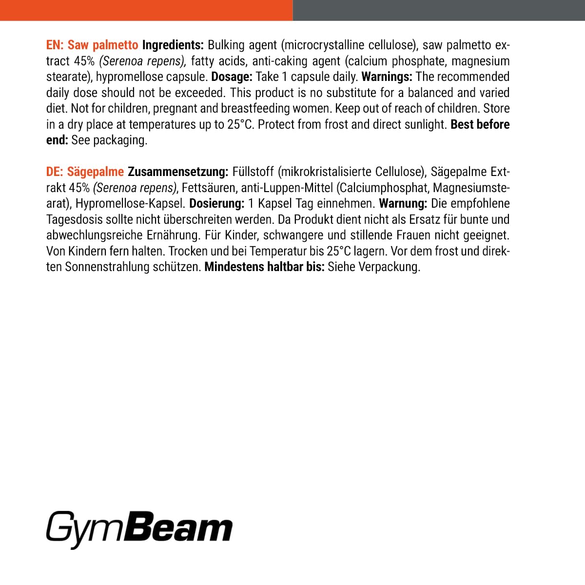 GymBeam Palmetto della Florida Capsule 150 mg - Estratto di Serenoa Repens - Integratore Vegano Ricco di Acidi Grassi e Flavonoidi per il Benessere Maschile - 90 capsule