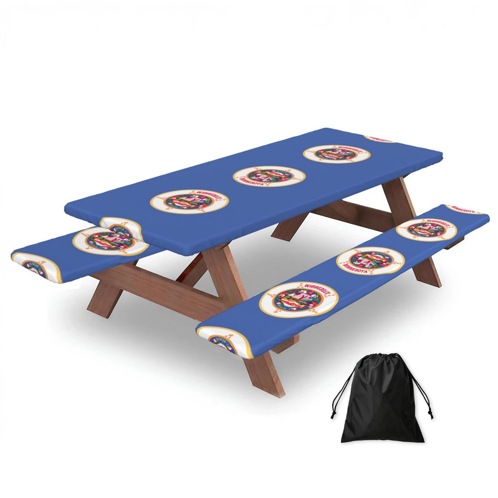 Minnesota State Flag Print 183cm Picnic Table Cover With Bench Covers, Waterproof Elastic Tablecloth Set For Outdoor