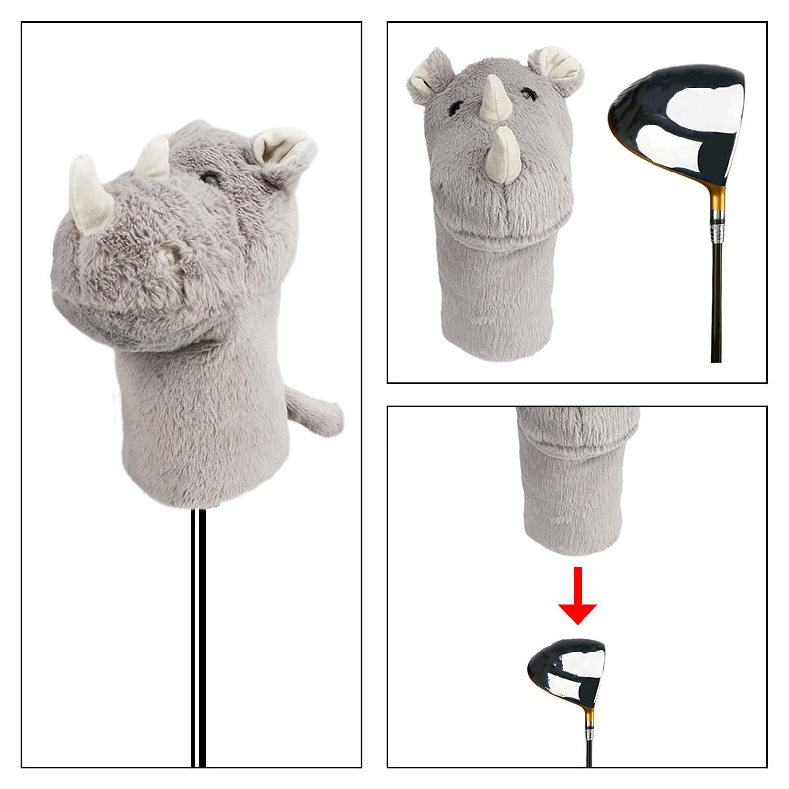 Tier-Schlägerhaube für Golfschläger – Nashorn-Cartoon-Golfschläger-Schutz – Tier-Golf-Putter-Schutz für den Außenbereich, weiche Golfschlägerhauben für Golfer
