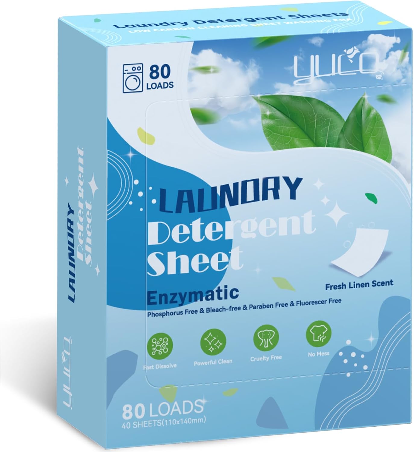 YUCO Laundry Detergent Sheets, 80 Loads, Fresh Scent, Eco-Friendly Liquidless Laundry Soap Sheets, Hypoallergenic Washer Sheets for Home, Travel, Dorm and RV, No Plastic Jug
