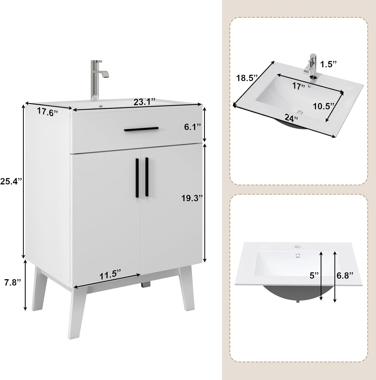 24" Bathroom Vanity with Sink, Vanity Combo with Two Soft Close Cabinet Doors, Modern Single Bathroom Cabinet Set with Metal Handles (White with Sink, 24)