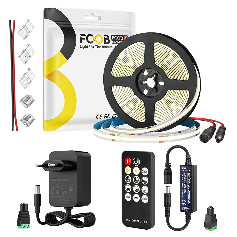 FCOB Tira LED flexible COB blanco cálido 3000K 320LEDs/m 5m 12V uniforme regulable con mando a distancia RF, fuente de alimentación 12V 36W y conector transparente de 2 pines 8mm