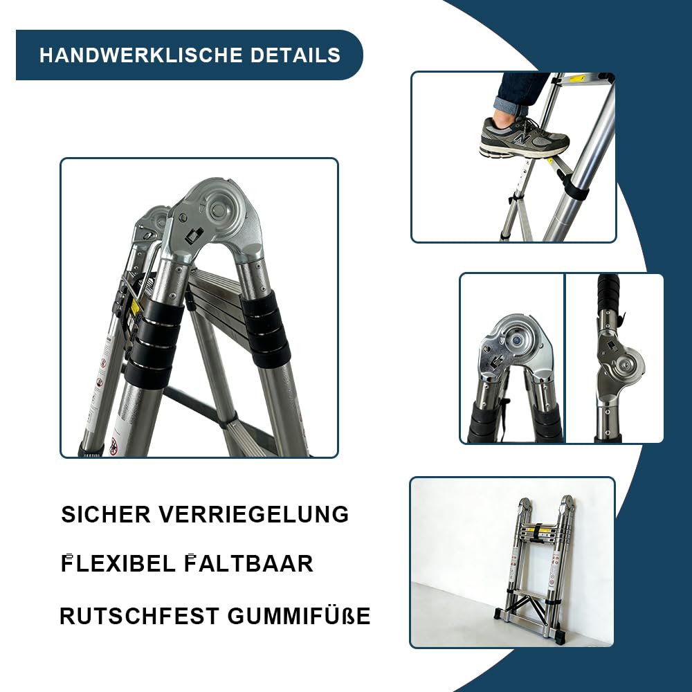 5M(2.5m+2.5m) Edelstahl Teleskopleiter, 2-in-1 Faltbare A-Form Leiter & Geradeleiter mit 150 kg Traglast, stabilere Verriegelung, Anti-rutschige Füße für Haushalt, Garten und Renovierung