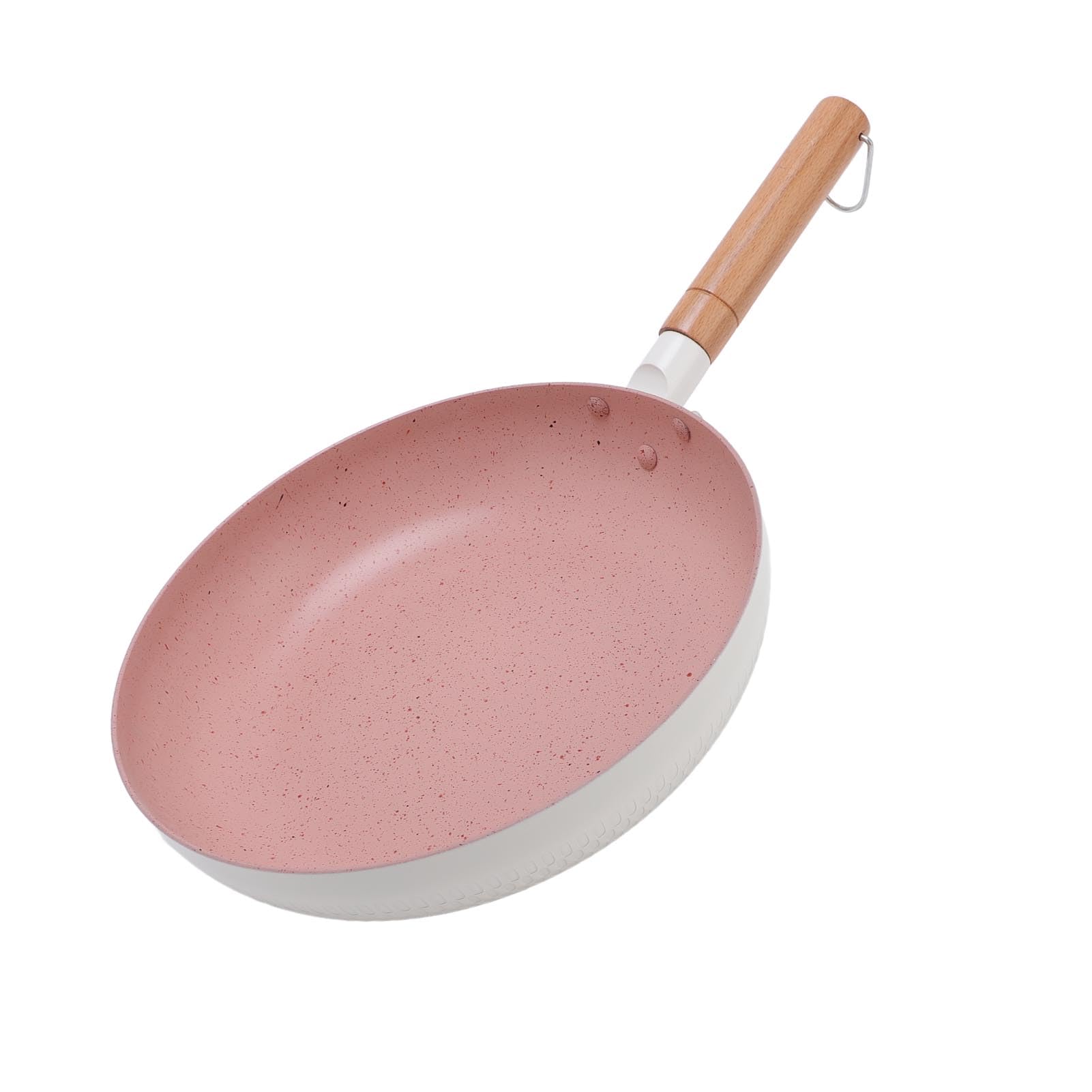 Poêle à frire antiadhésive blanche en alliage d'aluminium, pour tables de cuisson à Induction, poignée ergonomique en bois massif, légère et multifonctionnelle (26CM)