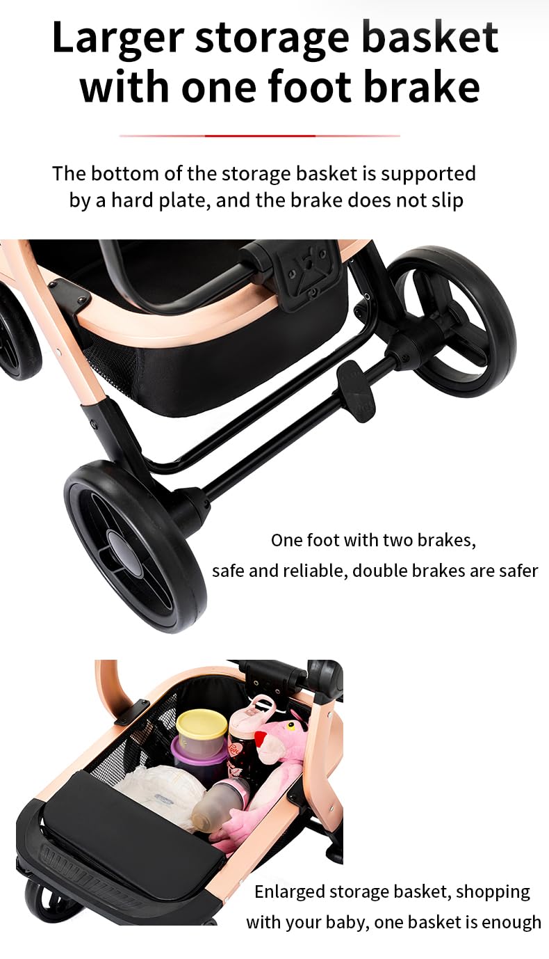 3 in 1 Kinderwagen aus PU Leder, Wendbares Baby-Reisesystem, mit Einem Klick Zusammenklappbarer Kinderwagen und Komplettes Zubehör, Zwei Bremsmodi für Vorder- und Hinterräder（Black）