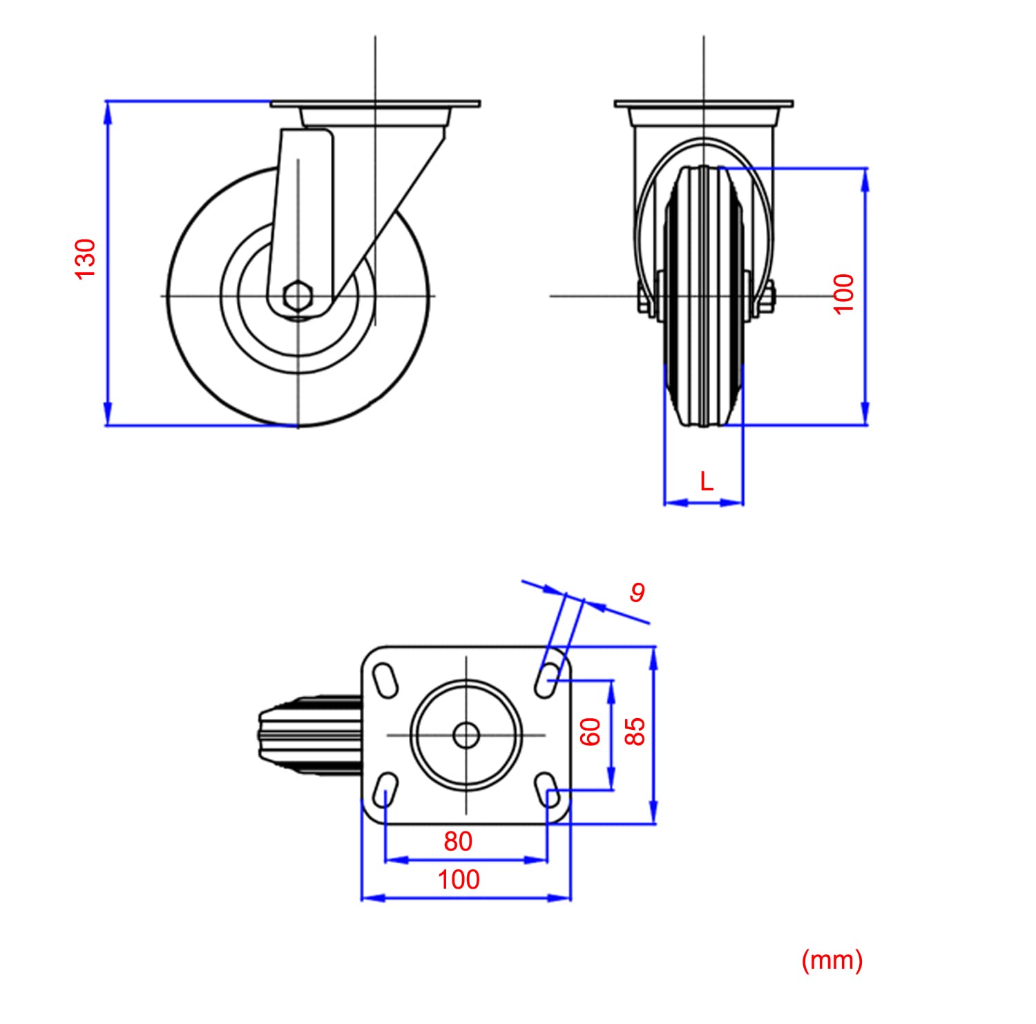Kit 4 Ruote 100 mm in gomma elastica blu con freno - ruote pivotanti per carrello e carichi pesanti - portata max 480 kg - Rotelle per mobili, banchi da lavoro e cassoni