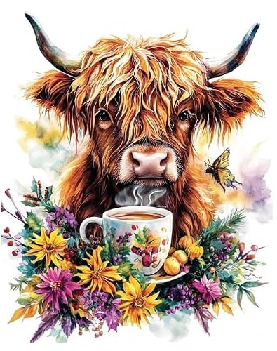 XFENDOUDOU 11CT Stamped Cross Stitch Kits for Adults Beginners,Cows Drinking Coffee Pre-Printed Needlework Kit, DIY Embroidery Cross-Stitch Canvas 40x50cm for Home Wall Decor