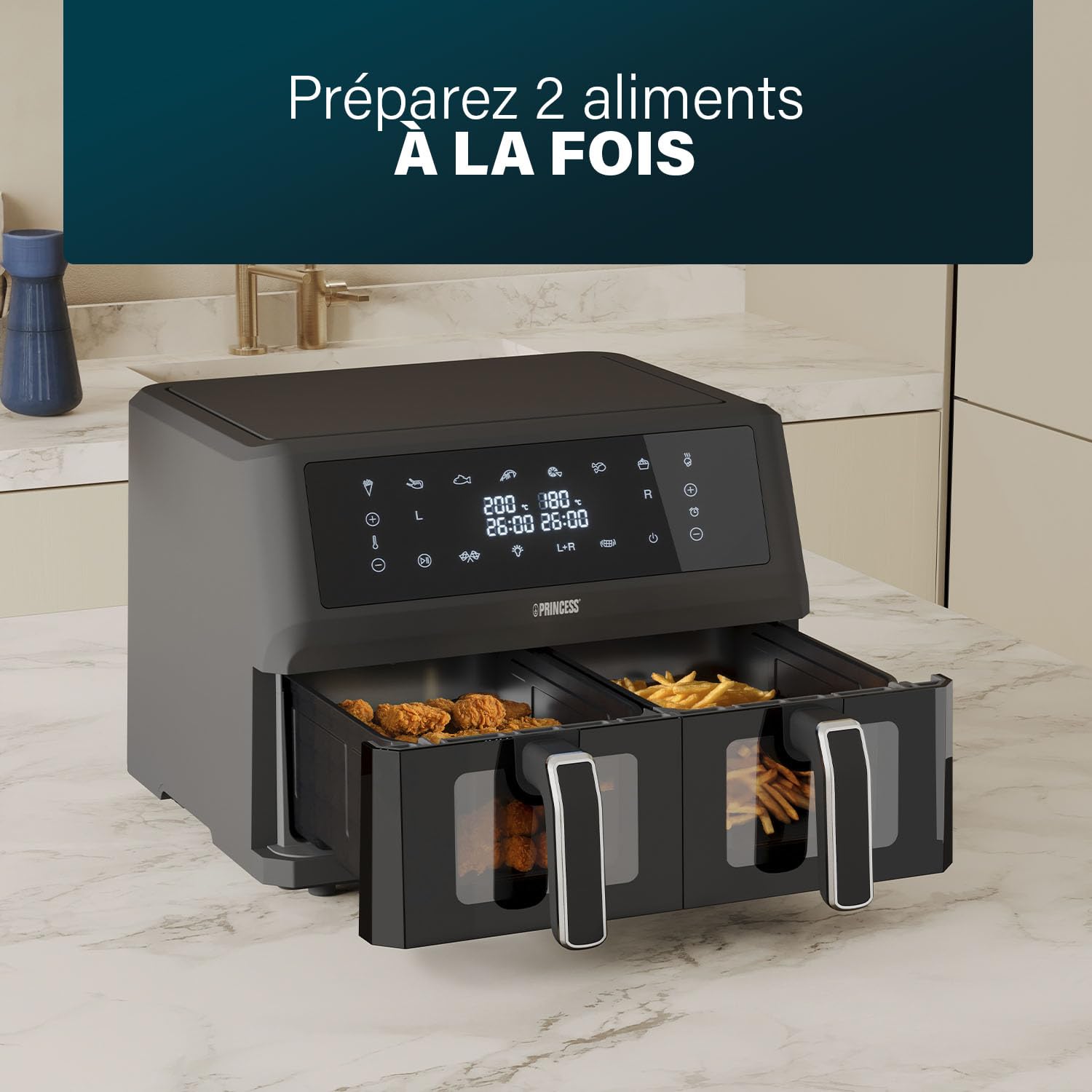 Princess XXL friteuse sans huile à double panier - 11 L - Sans BPA ni PFAS - Fin de cuisson synchronisée - 8 programmes - Hublot - 2 400 W - 182276