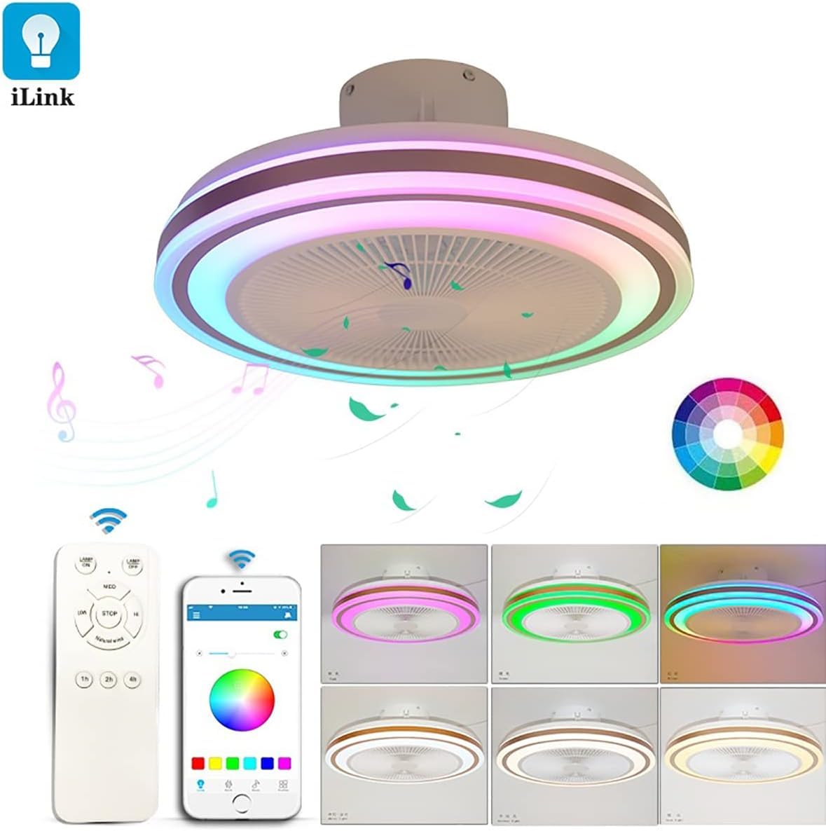 YUNZI RGB Ventilatore Da Soffitto Con Luce E Telecomando Camera Da Letto Plafoniera Ventilatore Soffitto E Cassa Bluetooth Ventilatore Soffitto Con Luce Wifi Moderno 50CM*20CM