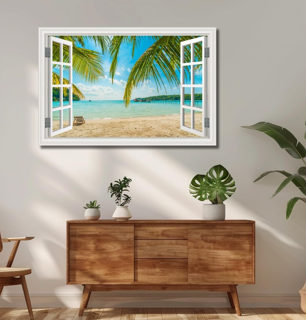 Beach Wall Art Decor Tropical Ocean Canvas Pictures for Living Room White Window Frame Style Large Blue Seascape Painting for Bedroom Coastal Theme Landscape for Home Office Decorations Ready to Hang(32"*48")