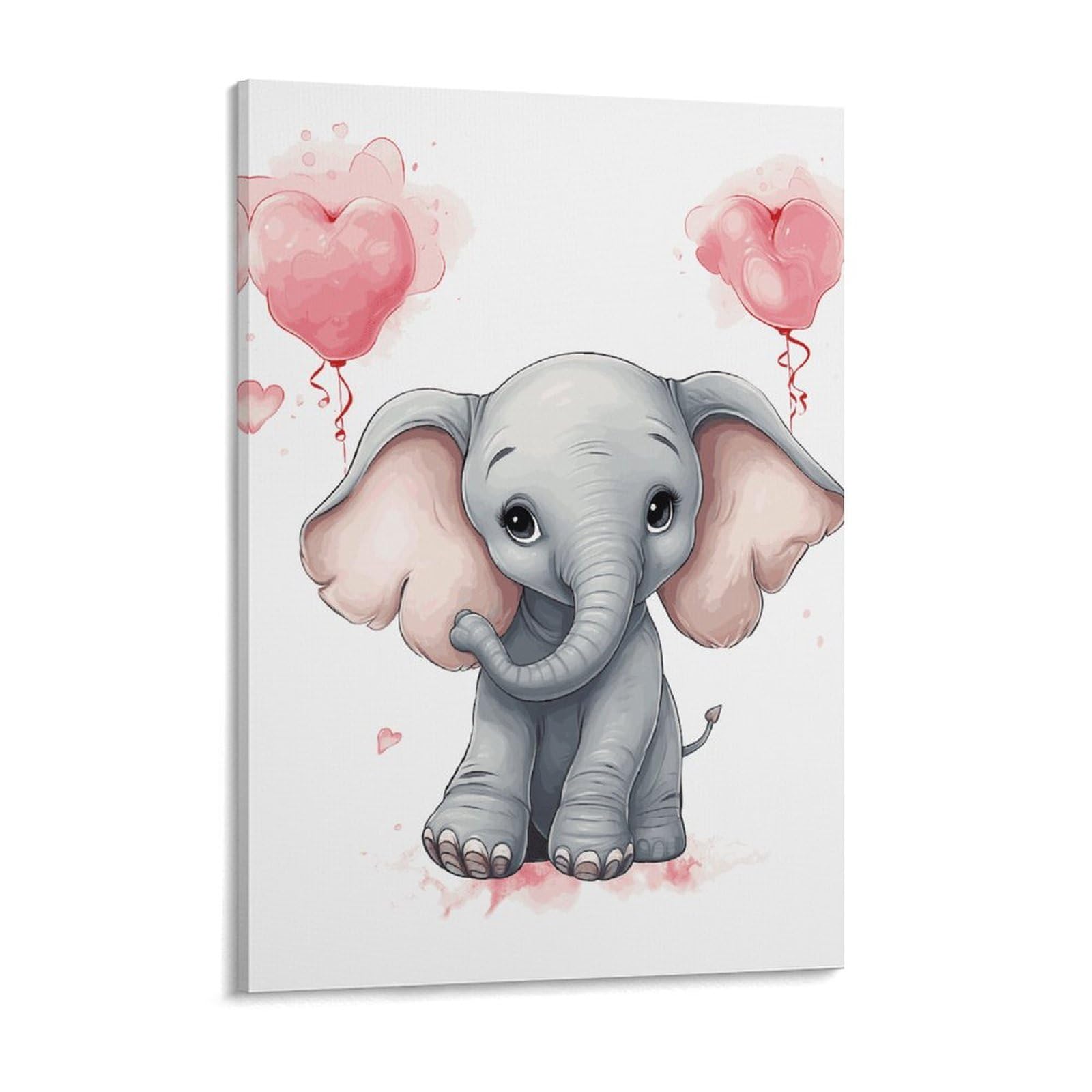 Cute Cartoon Baby Elephant Hold Heart Canvas Wall Art for Bedroom 18x24inch Canvas Prints Artwork for Walls Modern Picture Artwork Painting for Living Room Aesthetic Wall Paintings for Bathro