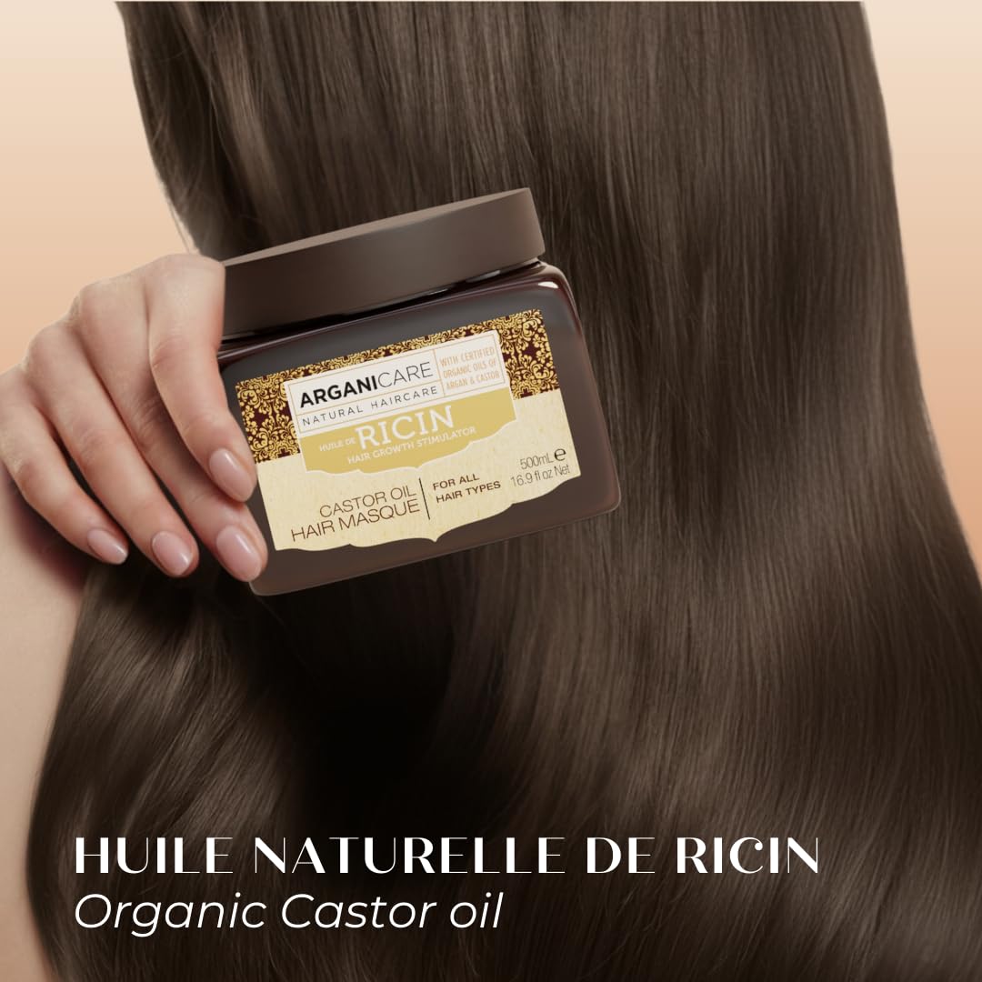 ARGANICARE Masque Cheveux Huile de Ricin Bio & Argan 500 ml – Soin Hydratant Réparateur pour Cheveux Secs et Abîmés, Anti-Casse, Aide à la Pousse, Brillance & Douceur