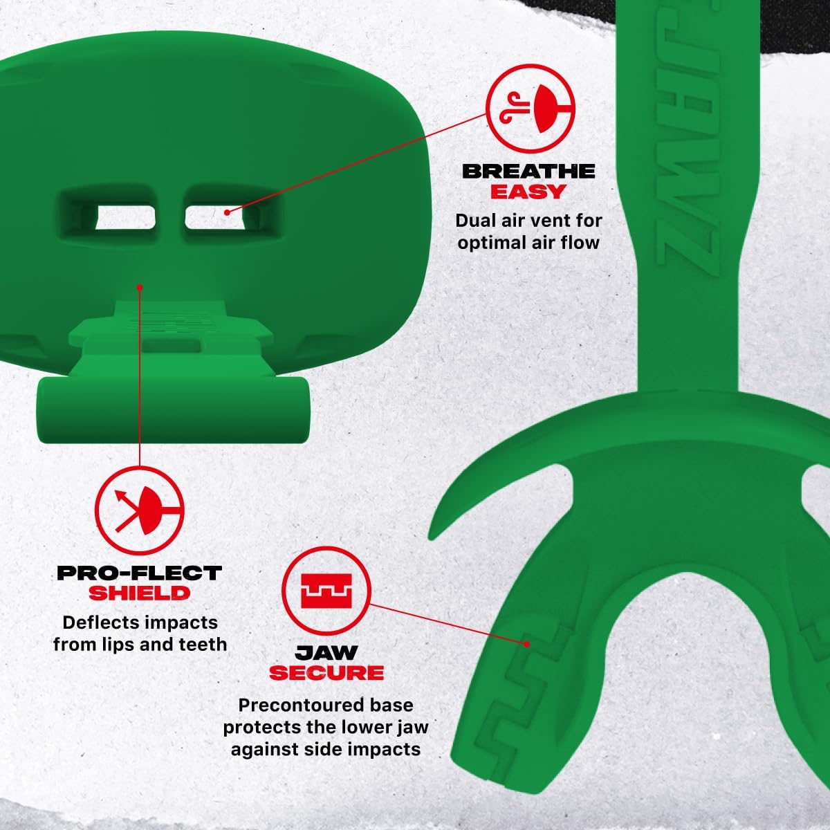 SAFEJAWZ Football Mouth Guard, Sports Lip Guard with Connected Strap, Breathable Adult and Youth Mouthpiece, Football & Lacrosse Lip Protector Mouthguard (Green)
