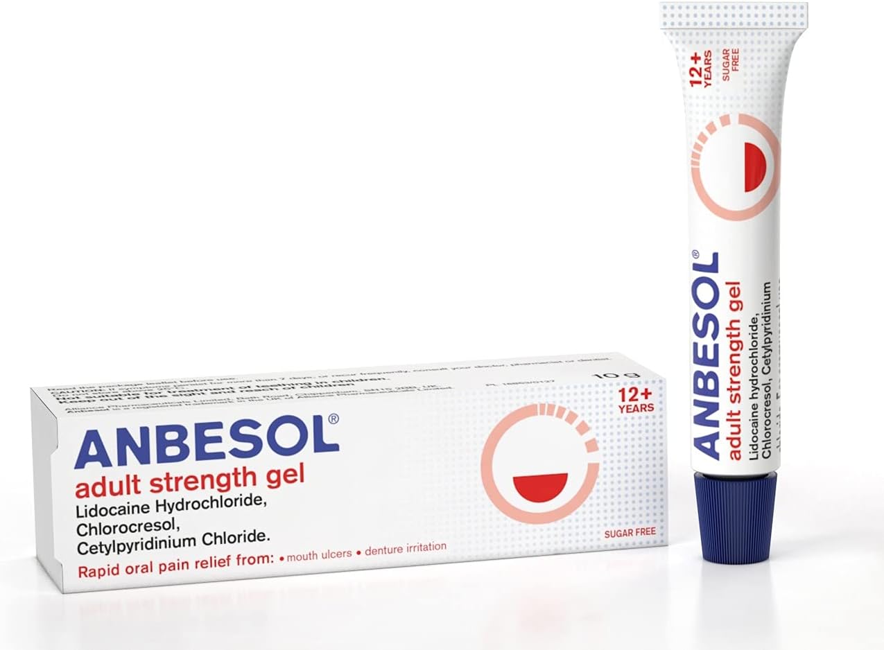 Anbesol Adult Strength Gel for Rapid Pain Relief from Mouth Ulcers and Denture Irritation, Contains Lidocaine 2 Percent, Suitable for Ages 12+, Sugar Free, 10G
