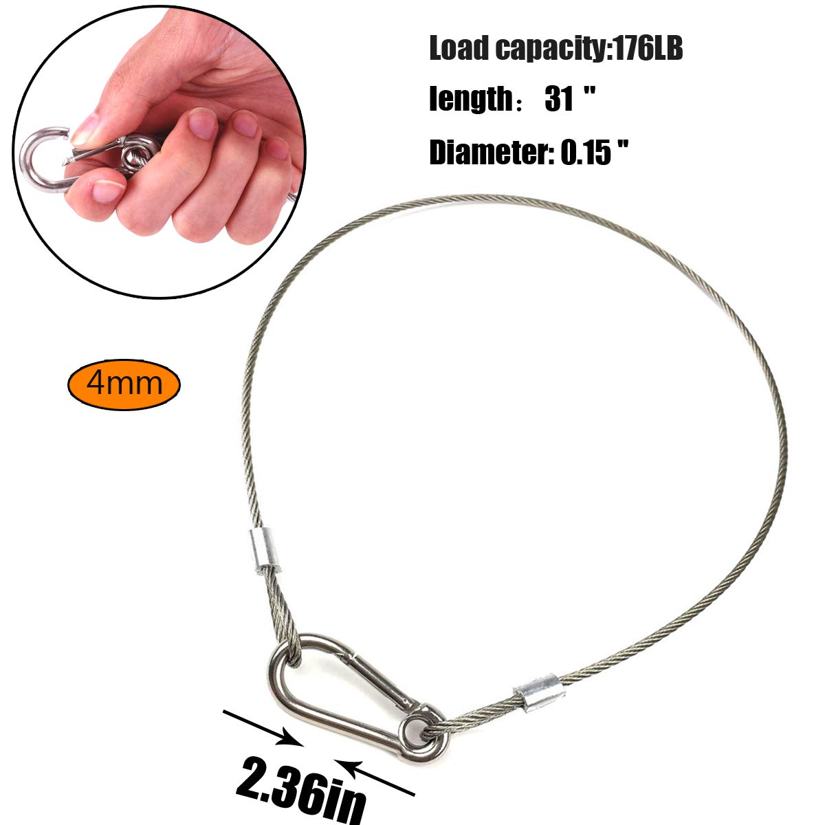 MYUYONG Stage Lights Safety Cable 110lb 176lb Load Duty 31.5’’ Stainless Steel Safety Rope for DJ Stage Lighting Par Light Moving Head Light (4mm-4pack)