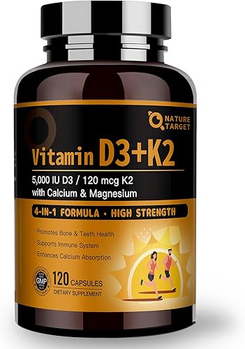 NATURE TARGET Vitamina D3 K2 con calcio y magnesio – Fórmula 4 en 1 de fuerza máxima para apoyo óseo, corazón e inmunológico – Suministra 5000 UI de