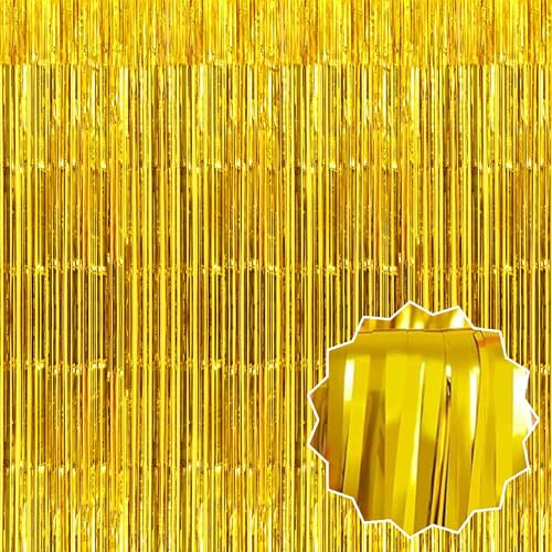Image of 3 Pack Gold Foil Fringe Curtains Backdrop, 3.28 x 9.8 Ft Metallic Streamers Tinsel Curtains Background for Photo Booth, Birthday, Halloween, Christmas, Thanksgiving, New Year Party Decorations