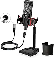 Microfone de podcast XLR profissional cardioide condensador para computador, estúdio, kit de microfone XLR para gravação/podcast/streaming/Voice Over/ASMR/Home Studio/YouTube com suporte de mesa