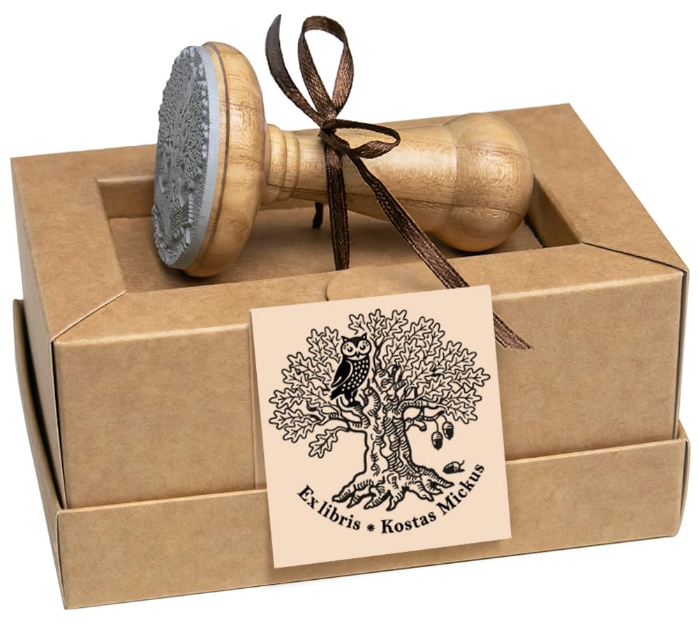 Ex libris Timbro Personalizzabile Gufo, Albero Quercia, Regalo Arte