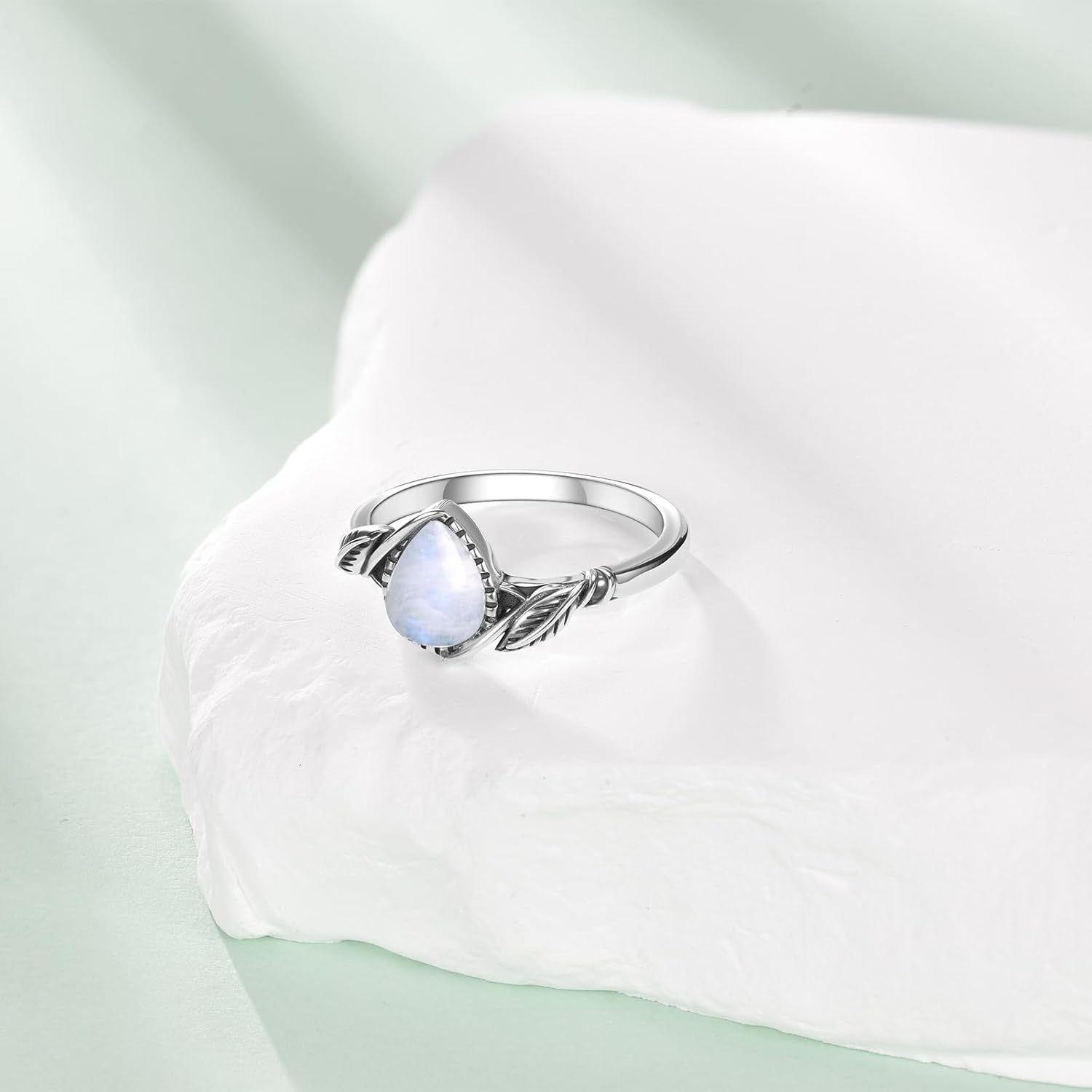 Genuine Moonstone Leaf Ring for Women, 925 Sterling Silver Pear-Shaped Moonstone Statement Ring, Adjustable Bohemian Jewelry Gift for Her