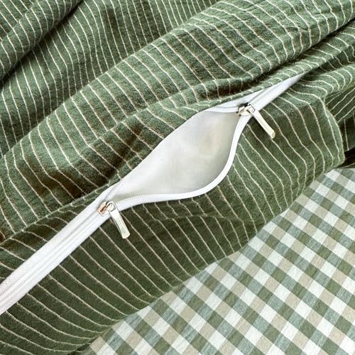 Image of PinkMemory Green Striped Duvet Cover King 100% Washed Cotton Olive Green Stripes Duvet Cover Set 3pcs Pinstripe Pattern Bedding Set with Zipper Closure Corner Ties,Soft Breathable