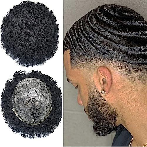 Right Hair Afro Toupee For Black Men Real Human Hair Units For Black Men PU Injection Afro Hair Piece African American Men Weave Hair Unit Black Men #1 Jet Black 8X10 10mm Wave