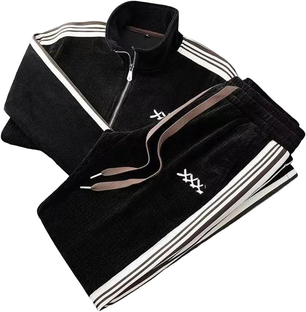 Men's Winter Warm Tracksuit Stand Collar Cardigan Jacket and Straight Leg Sweatpants Two Piece Set