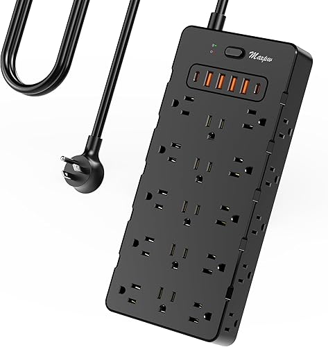 Maxpw Regleta protectora contra sobretensiones con 25 salidas y 6 puertos USB (2 USB C), 3400 J, cable de extensión de enchufe plano de 6.5 pies