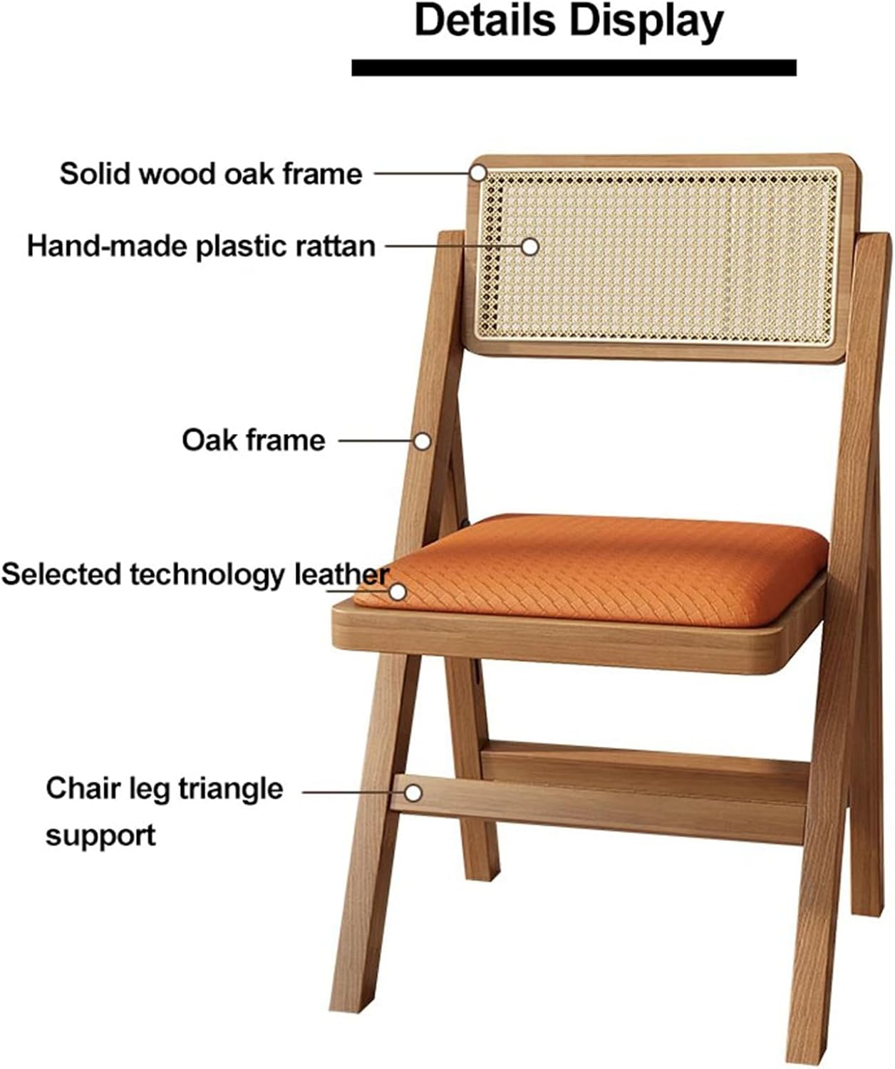 Wood Folding Chairs 2 Pack Folding Dining Chairs Padded Chairs Faux Leather Accent Chairs with Rattan Back Leather Seat for Home Kitchen Office,Coffee