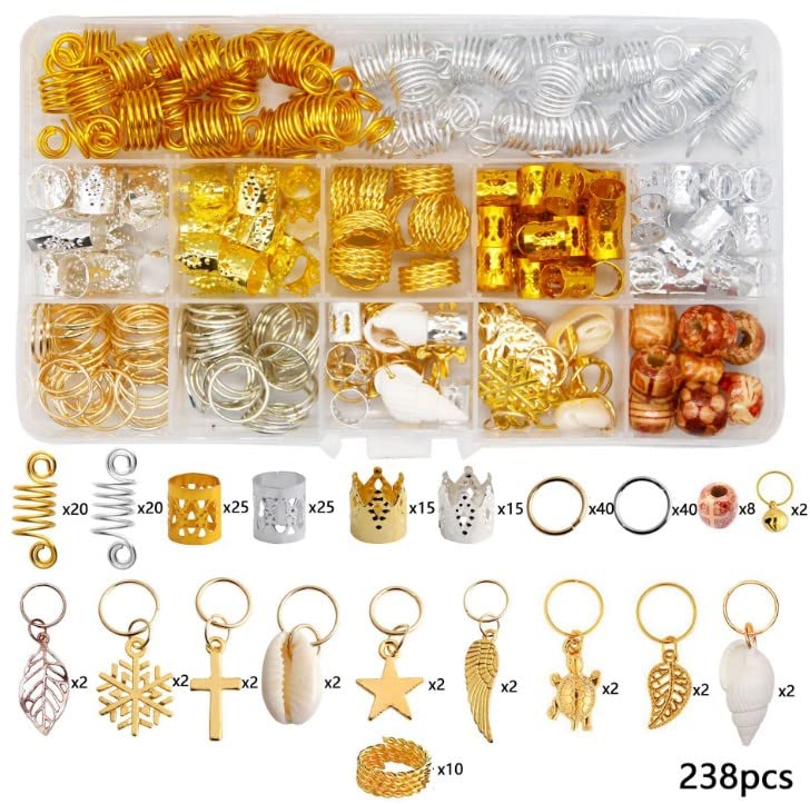 suchkawe 238 Pieces Hair Jewelry for Braids, Hair Coils Dreadlocks Accessories Gold Hair Beads Metal Hair Cuffs for Braids Accessories Hair Charms for Braids Silver