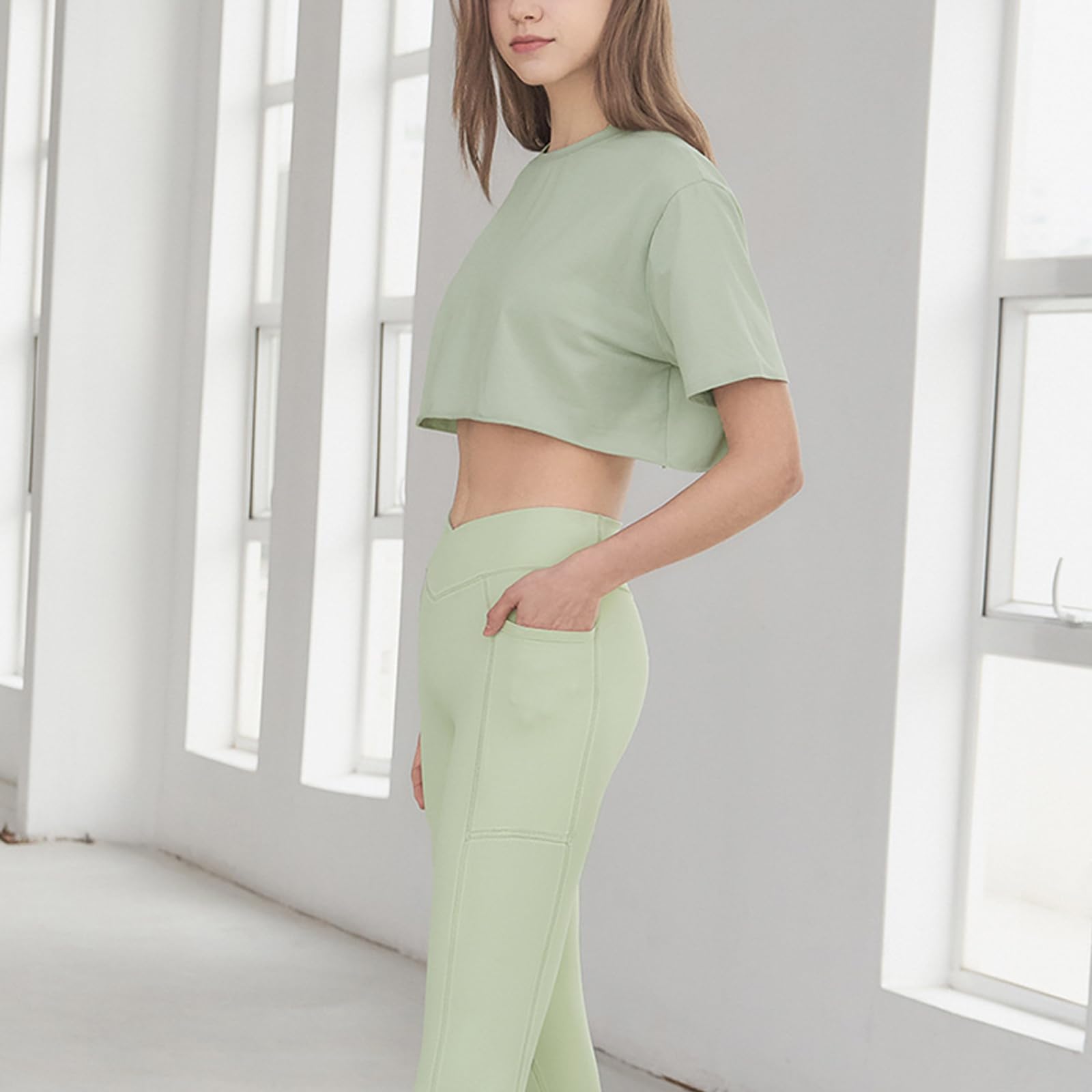Damskie Sportowe Topy Slim Fit PrzycięTe Topy Do Jogi T Shirt Cover Ups,Green,M