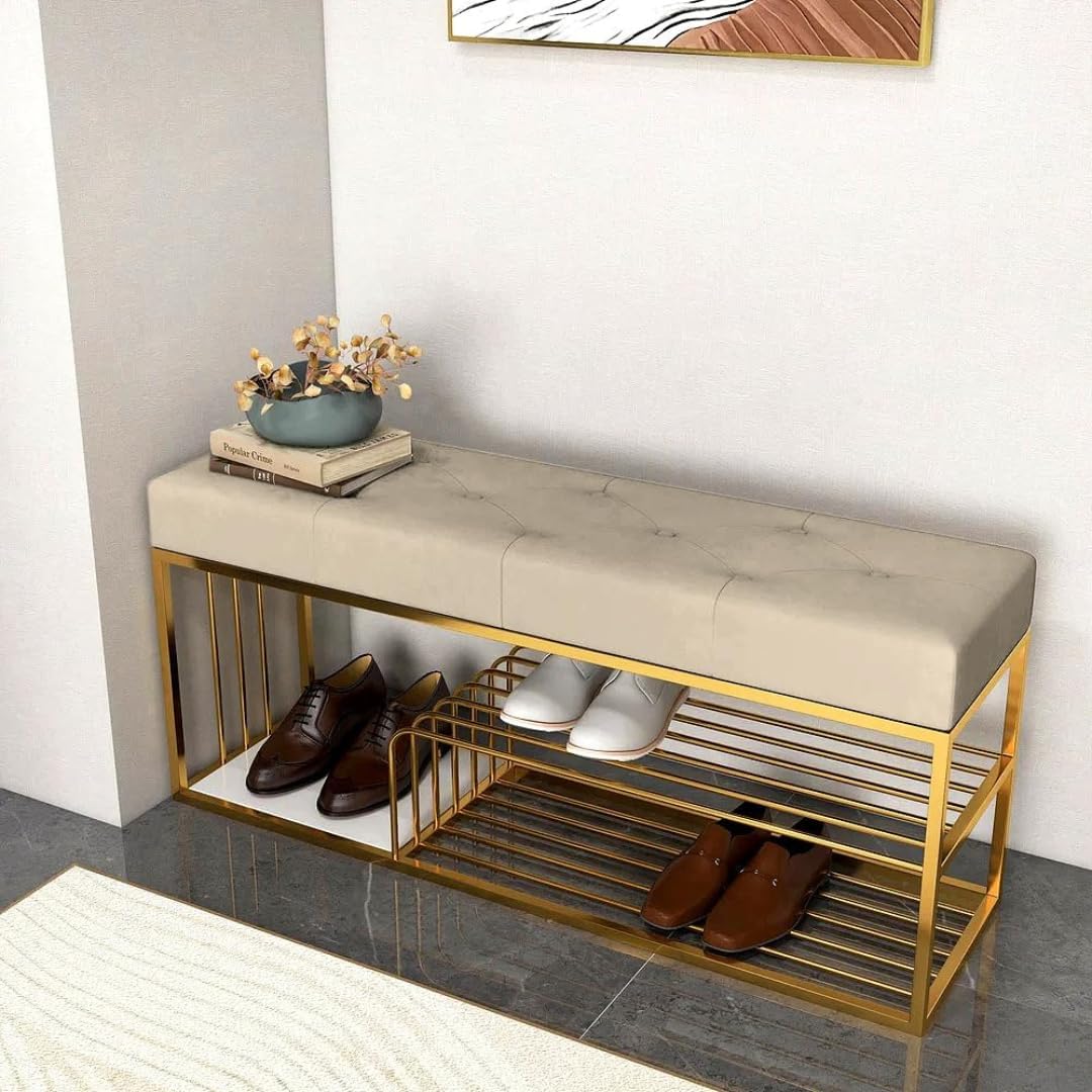 Metal End of Bed Bench-Upholstered Entry Shoe Storage with Nailhead Trim,Black Mental Frame Ottoman Bench for Bedroom Entry Window Mudroom Living Room (Beige)