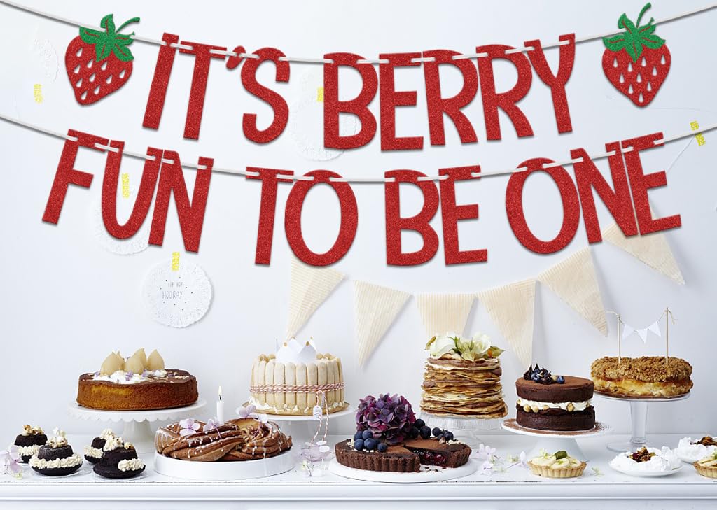 Strawberry 1st Birthday Banner – 'It's Berry Fun To Be One' Decor, Red Berry Sweet Party Supplies