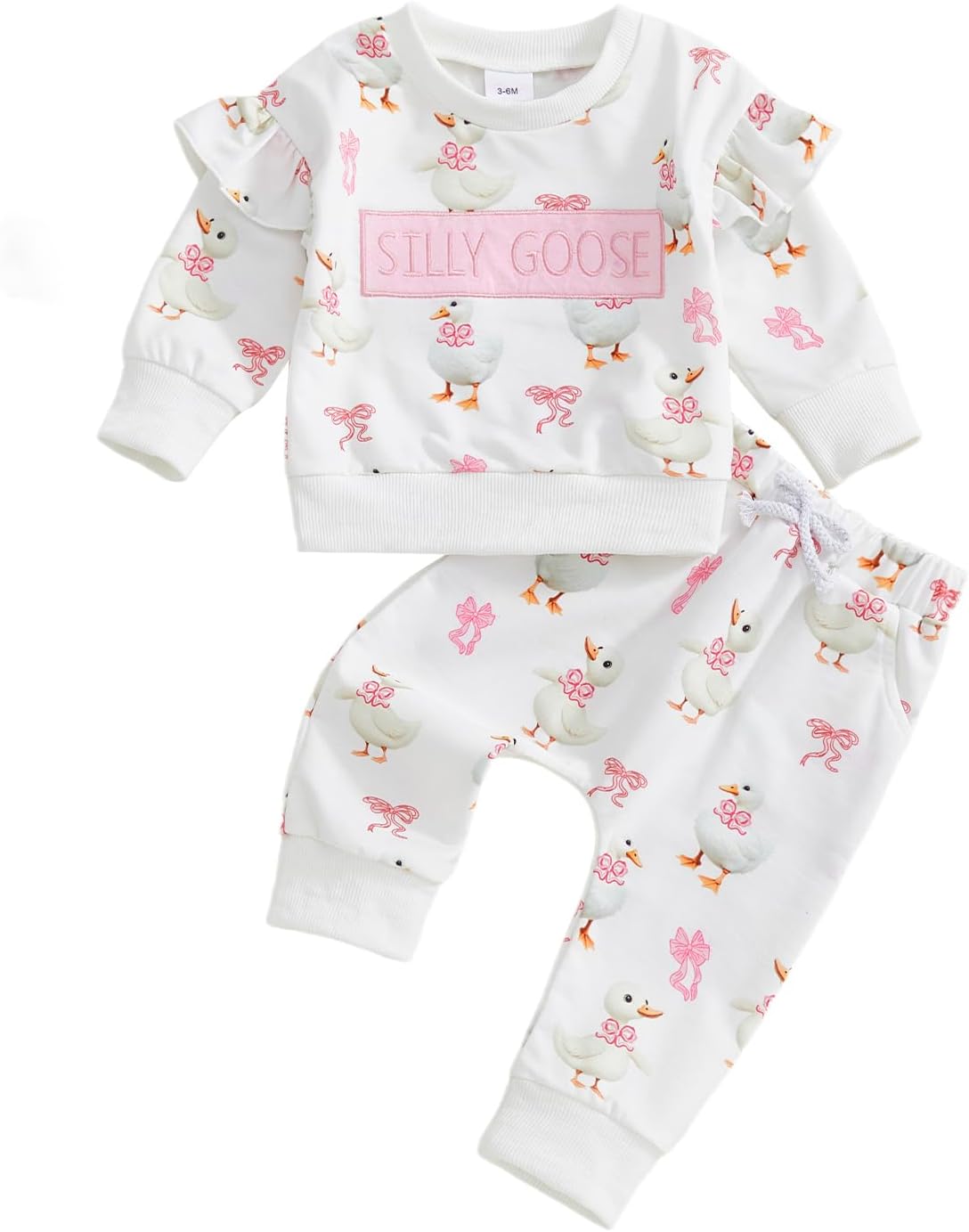 Toddler Baby Girl Fall Winter Clothes Silly Goose Long Sleeve Sweatshirt Tops Pants 2Pcs Set Farm Goose Outfit (Silly Goose-White, 3-6 Months)