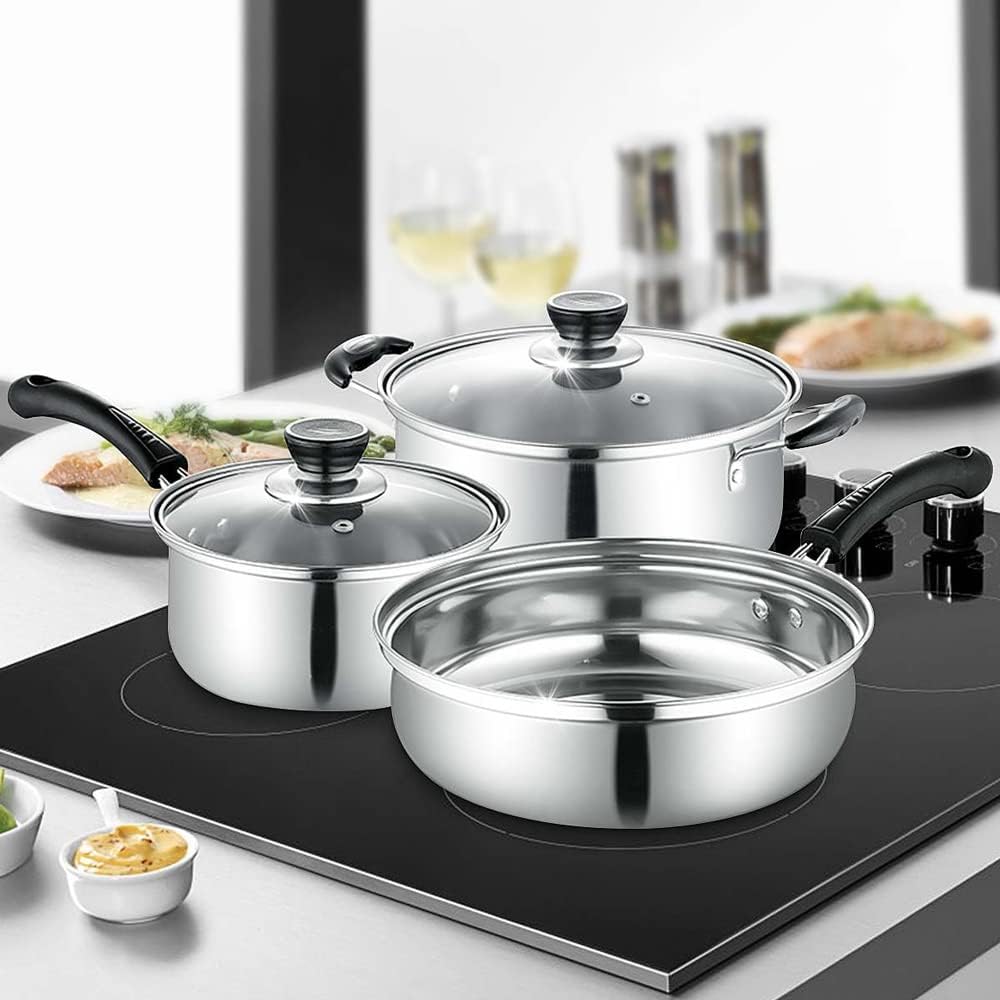 3pcs Stainless Steel Cookware Set Soup Pot Milk Pan with Glass Lid Frying Kitchen Cooking Tool