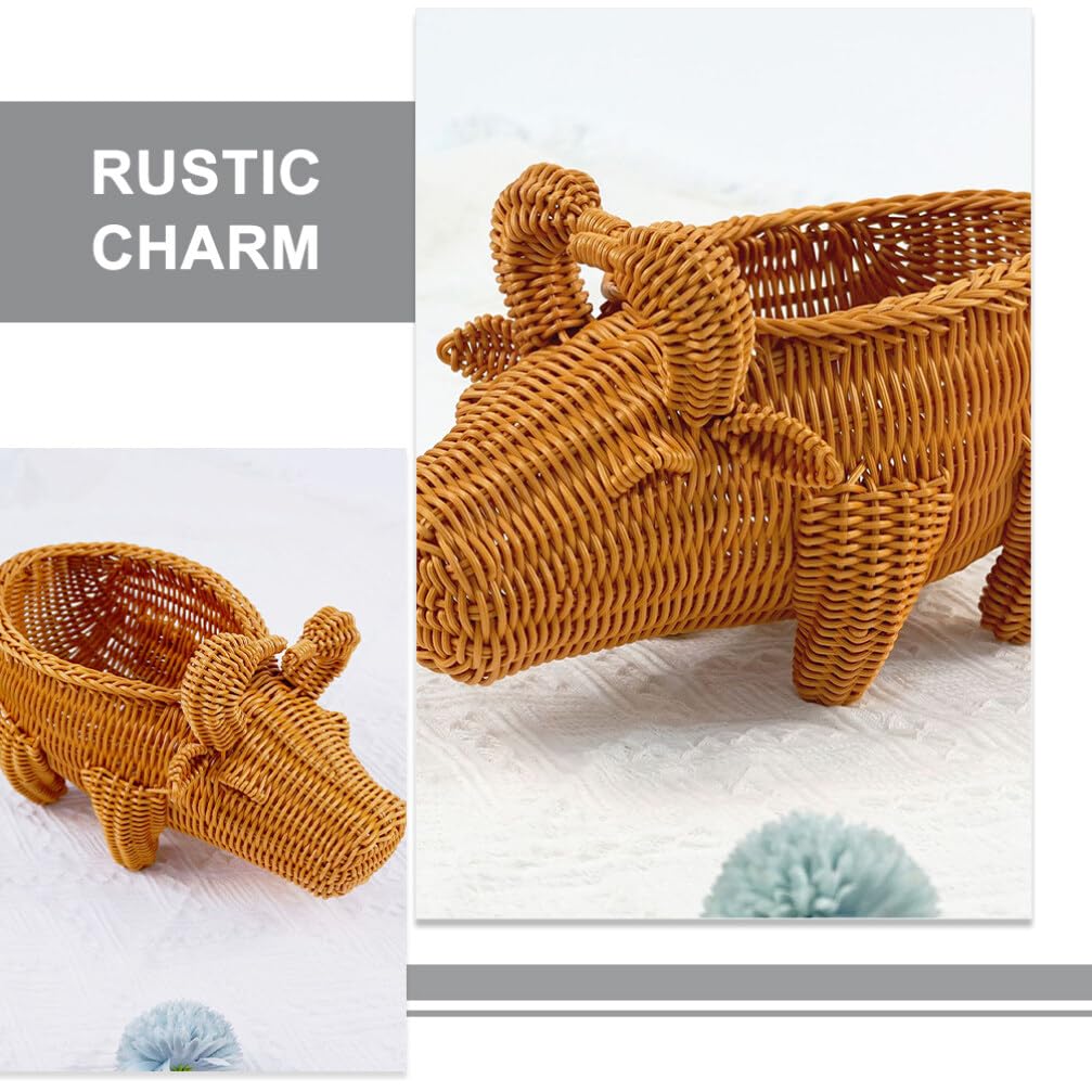 HOLIDYOYO Cow Rattan Storage Basket Woven Wicker Bin Hand Woven Shelf Organizer Cute Handmade Animal Bread Basket Fruit Bowls Decorative Snack Sundries Container Coffee