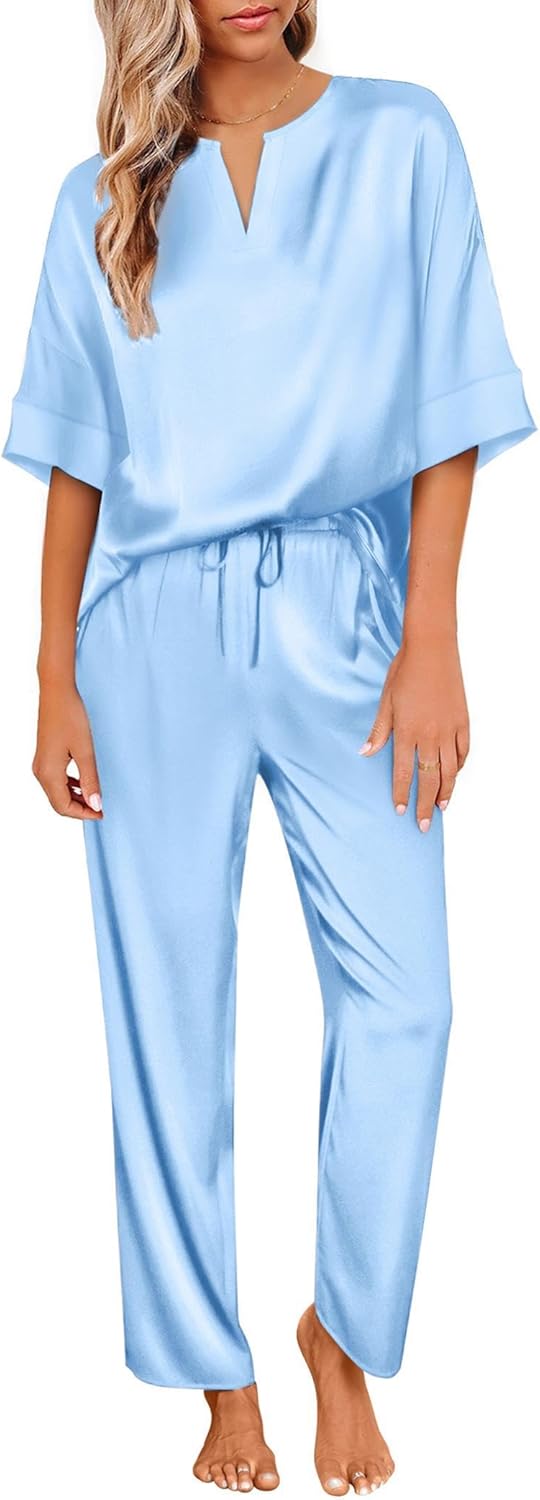 Ekouaer Satin Pajama Set Womens Silk Short Sleeve V Neck Shirt with Long Pant Soft Loungewear Pjs Set