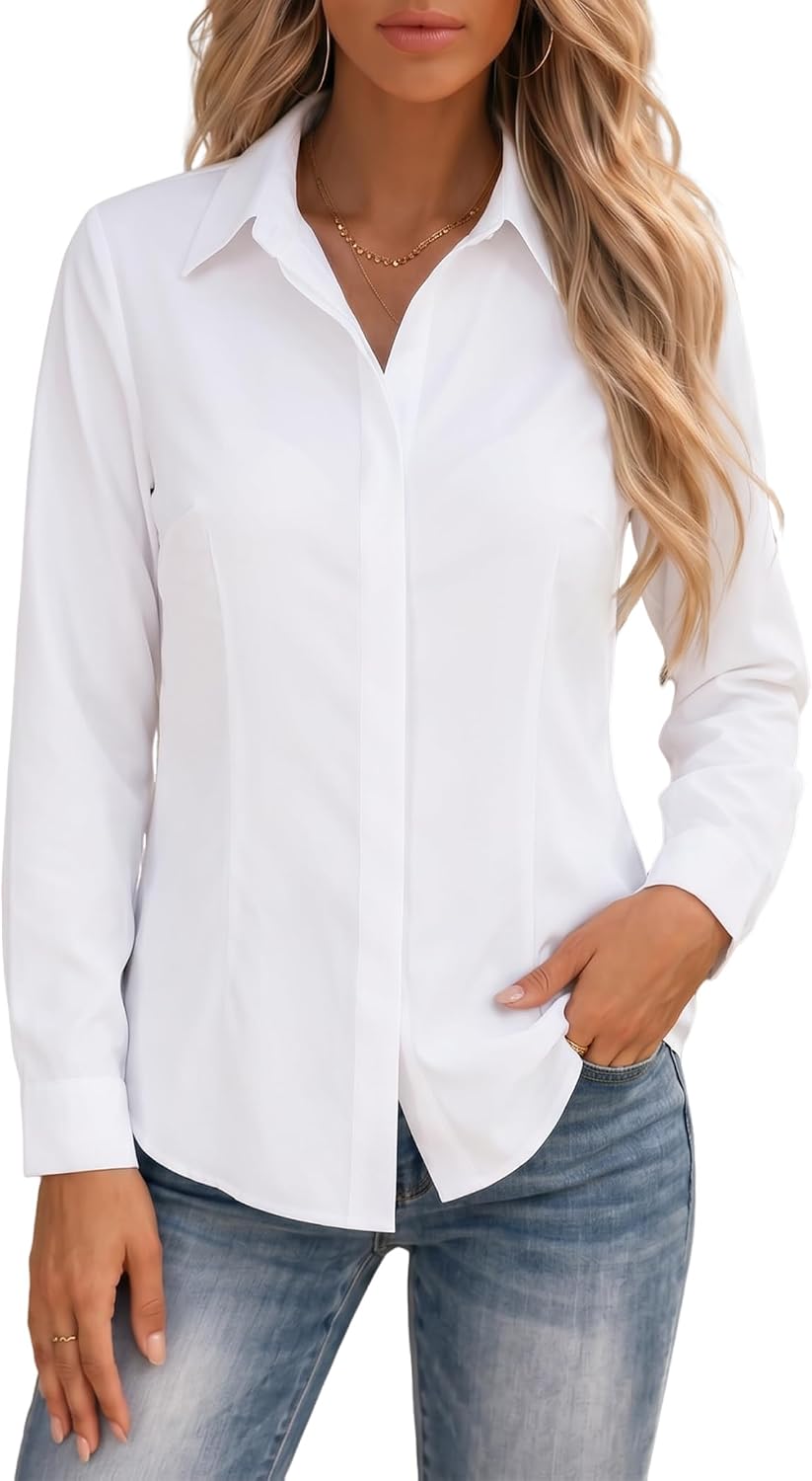 Womens Button Down Shirt, Wrinkle Free Long Sleeve Fitted Blouse